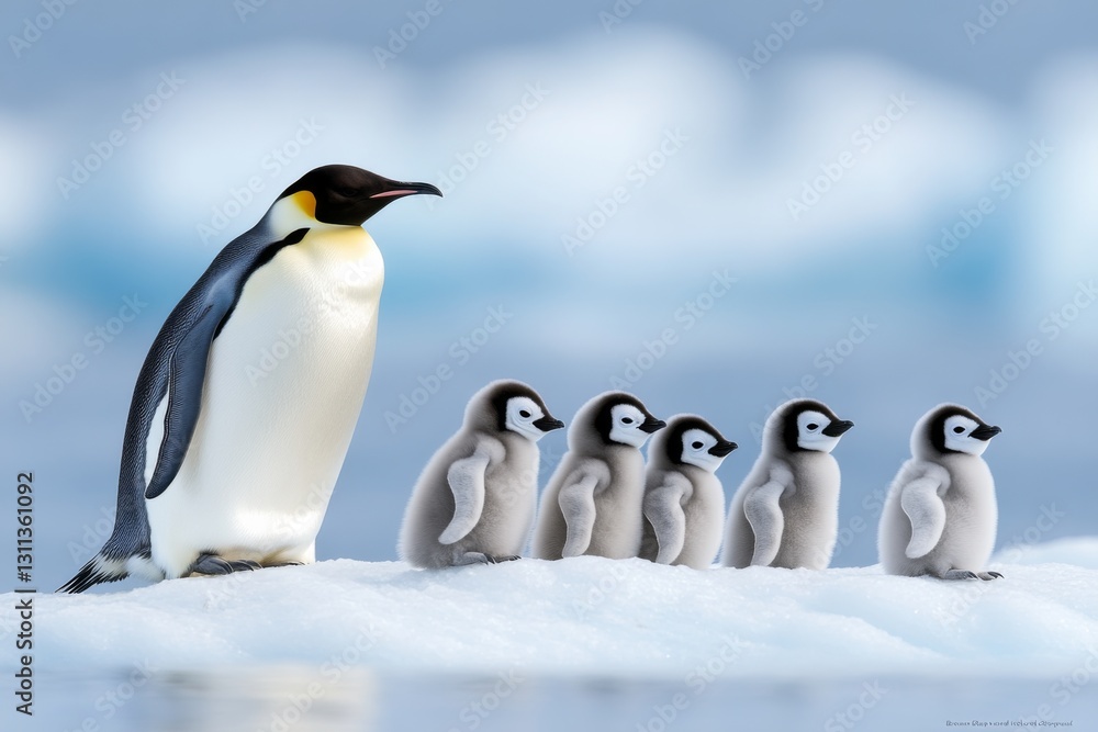 Obraz premium An emperor penguin stands proudly beside its adorable fluffy chicks on ice