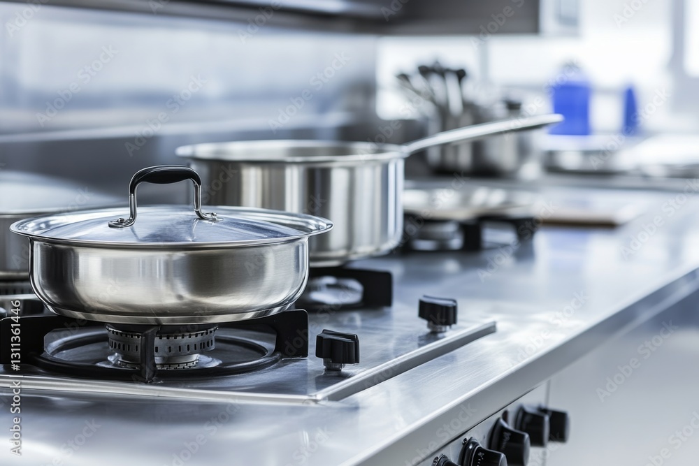 Modern kitchen with stainless steel pots on a gas stove, ready for cooking Modern kitchen with stainless steel pots on a gas stove, ready for cooking