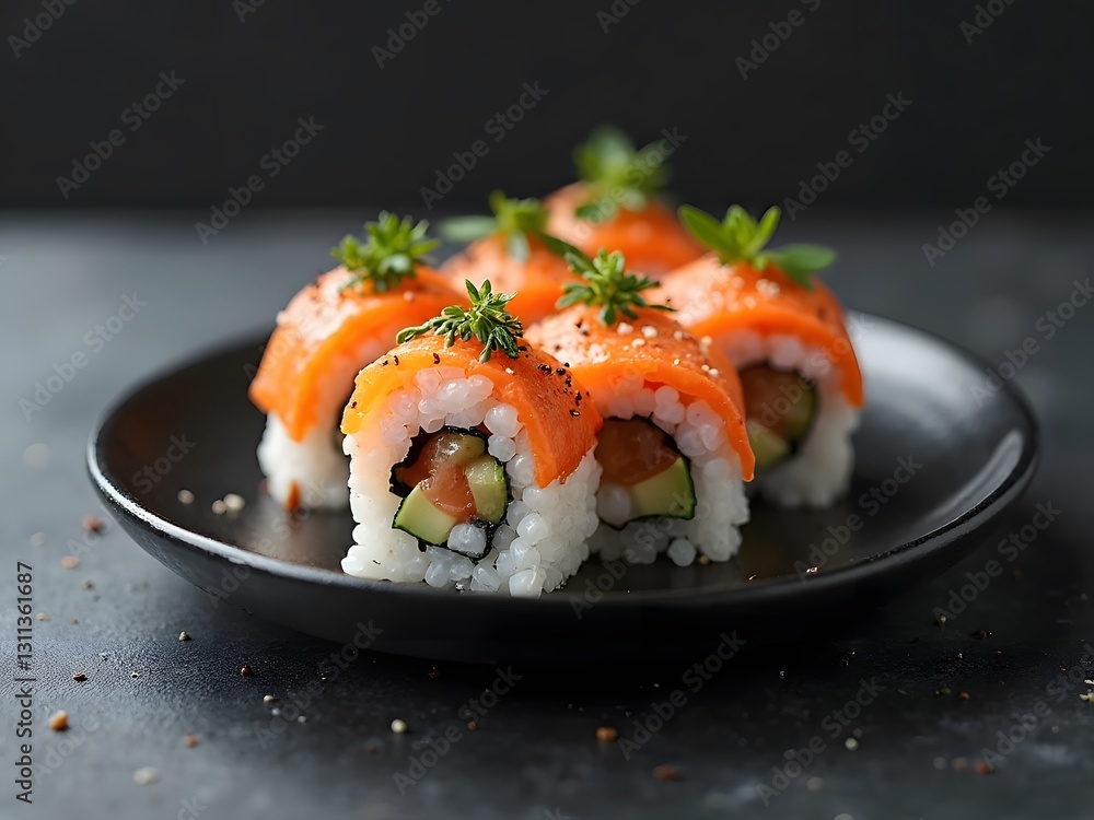 Minimalist Maki Roll Display: The rolls feature a refined selection of ingredients, with simple yet striking garnishes that highlight the purity of flavors. Minimalist Maki Roll Display: The rolls feature a refined selection of ingredients, with simple yet striking garnishes that highlight the purity of flavors.