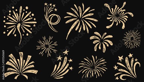 Doodle crayon fireworks. Set of colorful pencil drawn lightning, explosion, sun rays, swirls, firecrackers, sparkles, motion effects. Bursting rays line icon. Vector illustration in kid's style