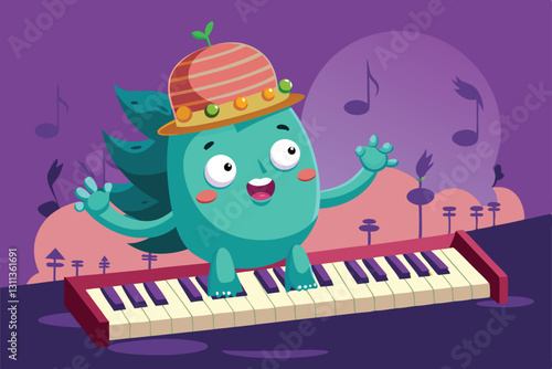A cute, funny character plays a piano with enthusiasm, surrounded by a colorful and magical backdrop, Playing Piano - Cute and Funny Cartoon
