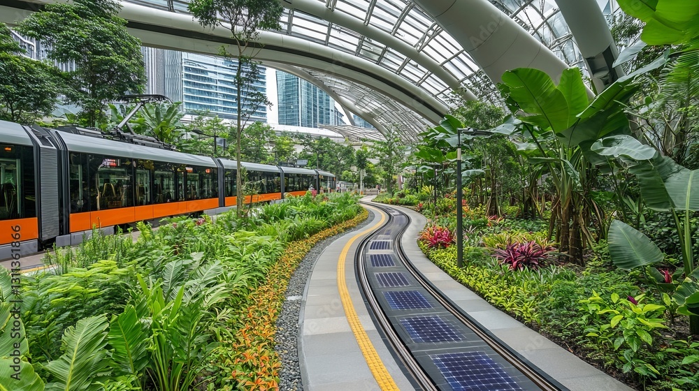 Naklejka premium Tram traveling through lush indoor garden with modern architecture