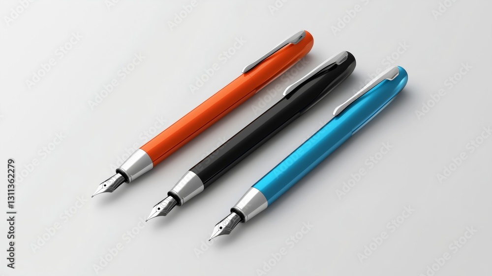 Three colorful pens arranged on a white background. Three colorful pens arranged on a white background.