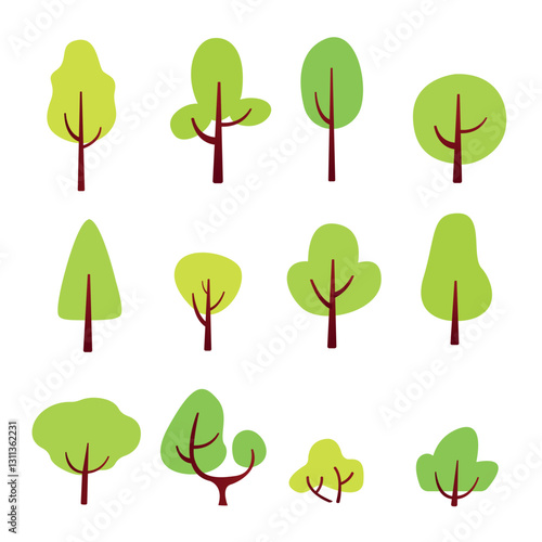 A spring flat set of trees and bushes in colors of fresh young greens
