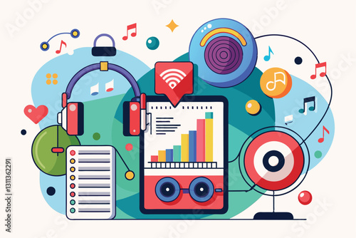 A vibrant display of a customizable playlist alongside headphones, soundwaves, and music notes, Playlist Customizable Disproportionate Illustration