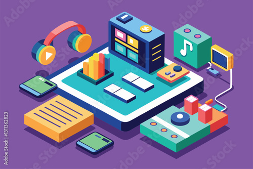A vibrant digital interface showcases customizable playlist options with music elements around it, Playlist Customizable Isometric Illustration