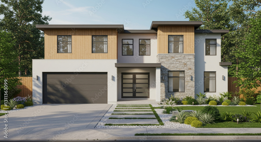 Modern House Front View Exterior Design, 3d rendering, simple and luxurious, house design inspiration, elegant for presentation, wallpaper and real estate Modern House Front View Exterior Design, 3d rendering, simple and luxurious, house design inspiration, elegant for presentation, wallpaper and real estate