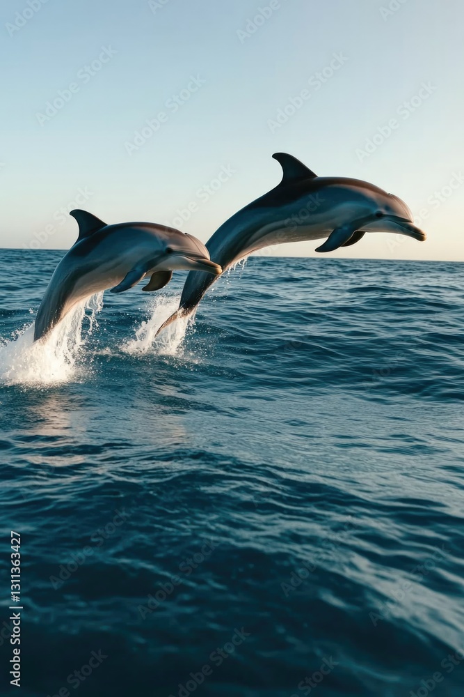 Fototapeta premium Dolphins gracefully leaping above ocean waves during sunset, sho