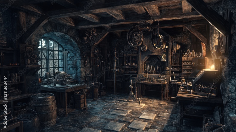 Dark, medieval workshop interior with tools, weapons, and workbench. Dark, medieval workshop interior with tools, weapons, and workbench.
