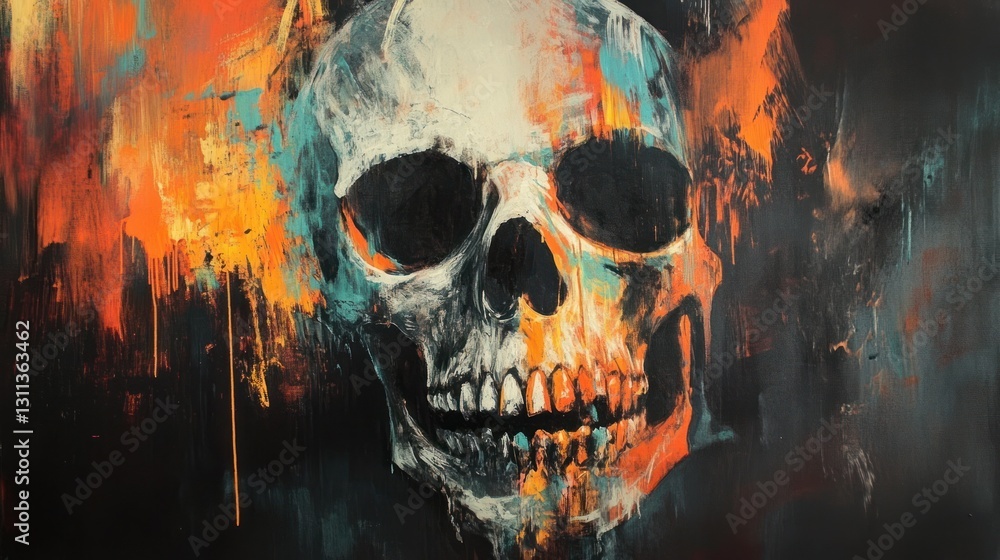Obraz premium Abstract skull painting with vibrant orange, teal, and black paint splatters.