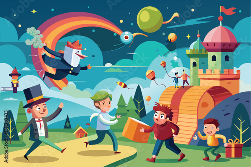 A group of children are happily exploring a colorful fantasy world filled with whimsical characters and fun activities, Pleasant surprise