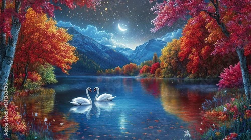 Romantic Swans on a Tranquil Lake Under a Starry Night Sky. Seamless looping video animation background