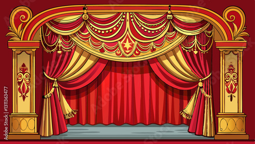 Vintage red theatre curtain with intricate gold detailing , retro, stage, old-fashioned, elegant, drapes, classic