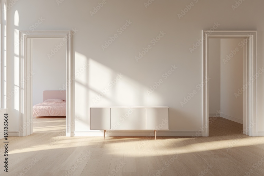 Fototapeta premium Minimalist bright room interior with sunlight, doors, and white cabinet.