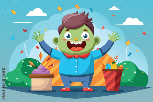 A happy boy stands with arms raised in celebration, surrounded by gifts and colorful confetti outdoors, Pleasant surprise Customizable Cartoon Illustration