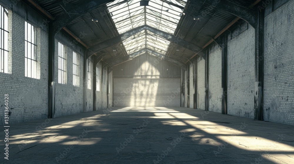 empty industrial warehouse with glass roof and sunbeams empty industrial warehouse with glass roof and sunbeams