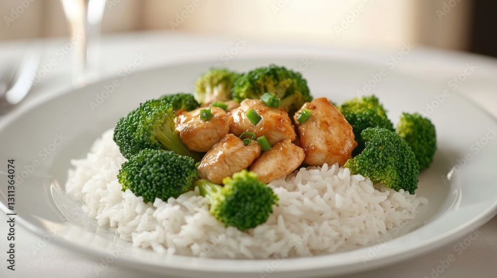 Healthy meal featuring white rice, pan-seared chicken breast, Healthy meal featuring white rice, pan-seared chicken breast,