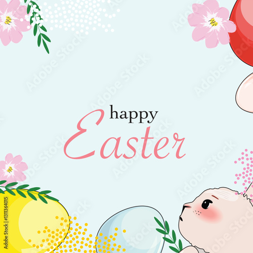 Whimsical square banner featuring a bunny and decorated eggs in soft hues
