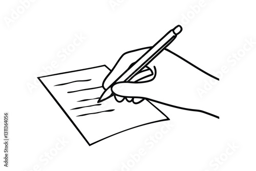 A hand grips a pen, diligently writing on a blank sheet of paper line art flat vector illustration