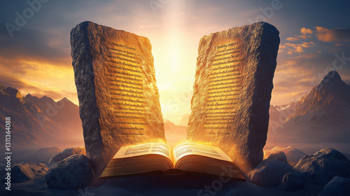 Stone Tablets of Ten Commandments and Bible Book Between Them at Sunset