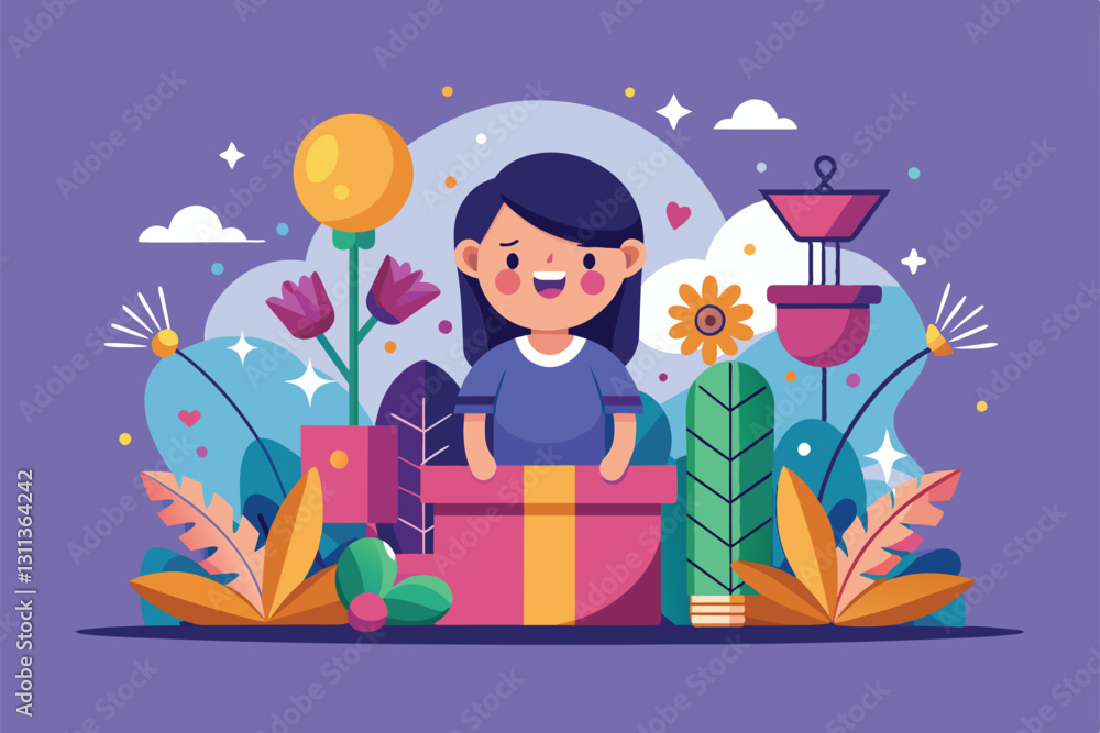 Naklejka premium A girl surprises everyone by popping out of a gift box, surrounded by vibrant flowers and greenery, Pleasant surprise Customizable Flat Illustration