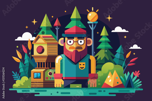 A cheerful, oversized character with glasses and a beard oversees a colorful cabin amid lush greenery, Pleasant surprise Customizable Disproportionate Illustration