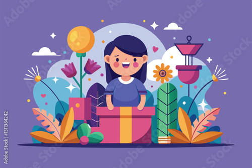 A girl surprises everyone by popping out of a gift box, surrounded by vibrant flowers and greenery, Pleasant surprise Customizable Flat Illustration