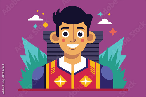 A friendly character displays excitement and joy with a bright outfit, surrounded by colorful elements and greenery, Pleasant surprise Customizable Disproportionate Illustration