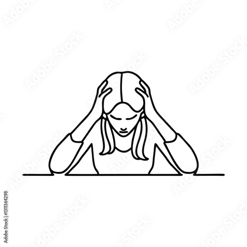 A woman sits with her head in her hands line art flat vector illustration