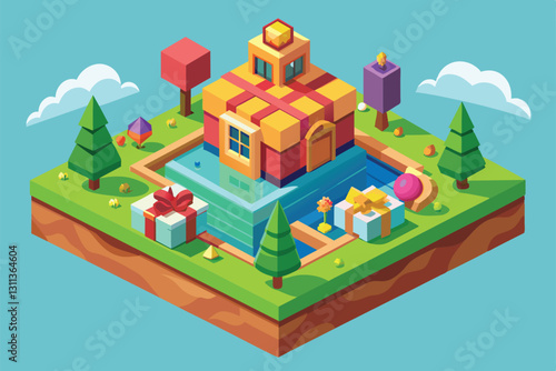 A charming isometric scene shows a colorful house surrounded by trees and gifts by a serene pool, Pleasant surprise Customizable Isometric Illustration