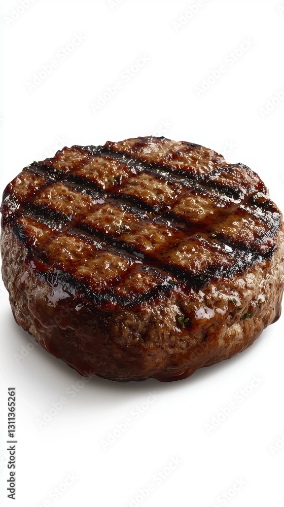 Classic hamburger with juicy patty isolated on a white background highlighting its tasty ingredients and layers Classic hamburger with juicy patty isolated on a white background highlighting its tasty ingredients and layers