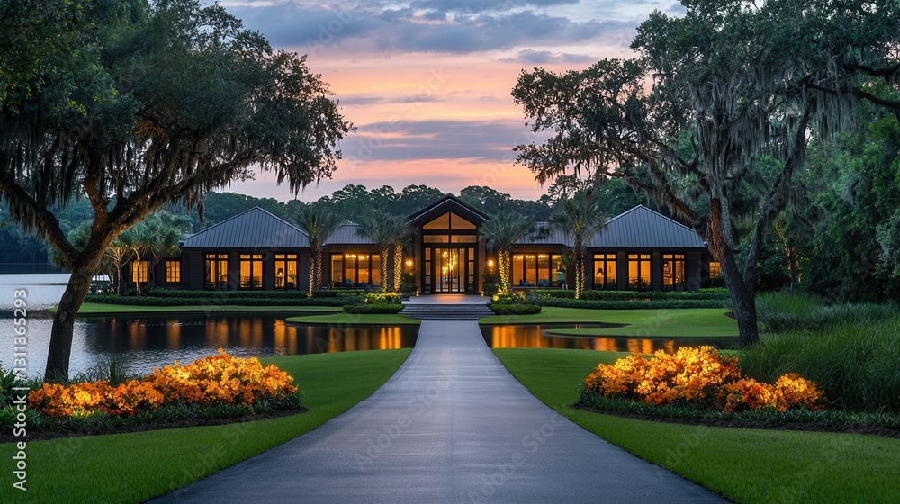 Serene Waterfront View of Modern House Surrounded by Lush Greenery at Sunset Serene Waterfront View of Modern House Surrounded by Lush Greenery at Sunset