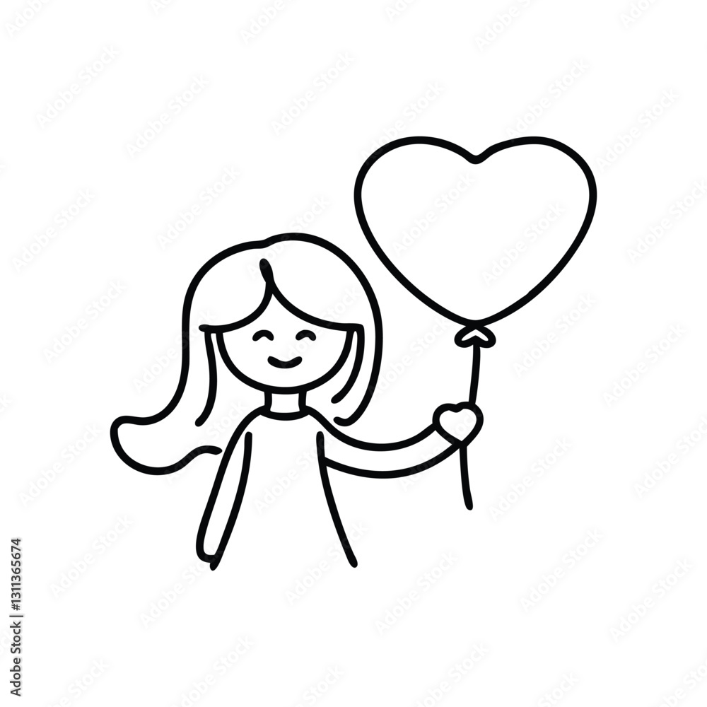 Girl holding a heart shaped balloon line art flat vector illustration Girl holding a heart shaped balloon line art flat vector illustration
