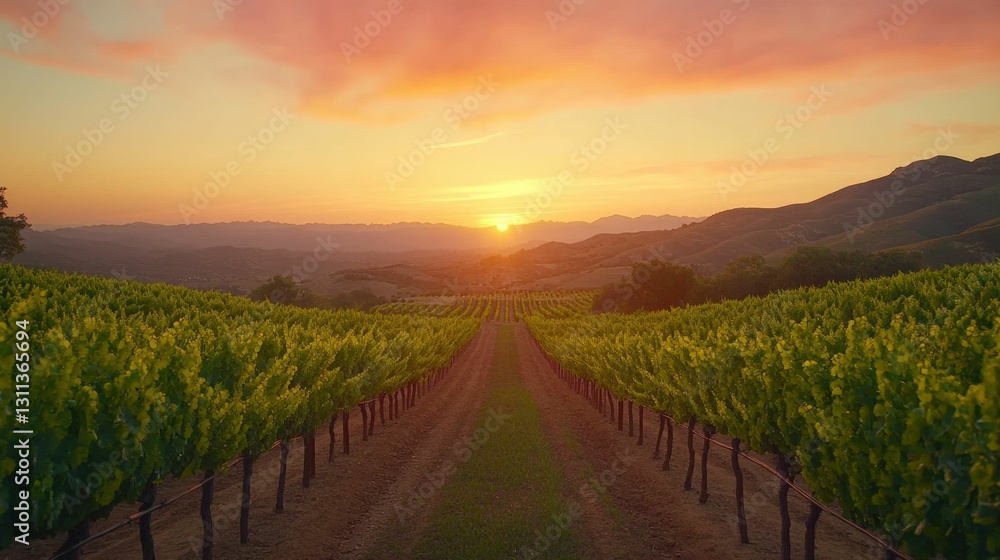 Naklejka premium Scenic sunset view of a vineyard with warm orange and pink skies, rows of green vines, serene and picturesque rural landscape