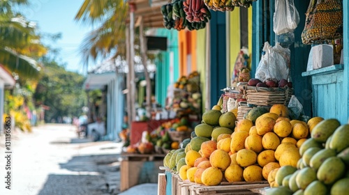 Fototapeta Naklejka Na Ścianę i Meble -  Traditional Caribbean market with fresh tropical fruits and handmade crafts, vibrant colors, natural daylight, cultural and lively scene