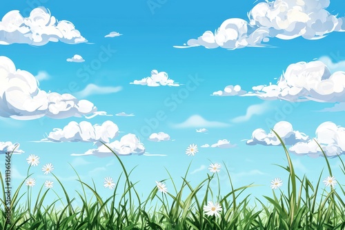 Meadow with tall grass swaying, under a warm sun with scattered clouds, blooming in a summer rural scene