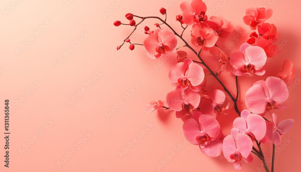 Fototapeta premium Beautiful Coral Pink Orchid Flowers on Branch on Pale Pink Background with Copy Space