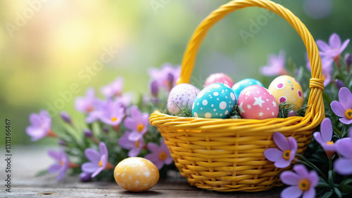 Capture the Essence of Easter with a Vibrant Yellow Basket of Decorated Eggs Surrounded by Purple Spring Flowers for Seasonal Promotions
