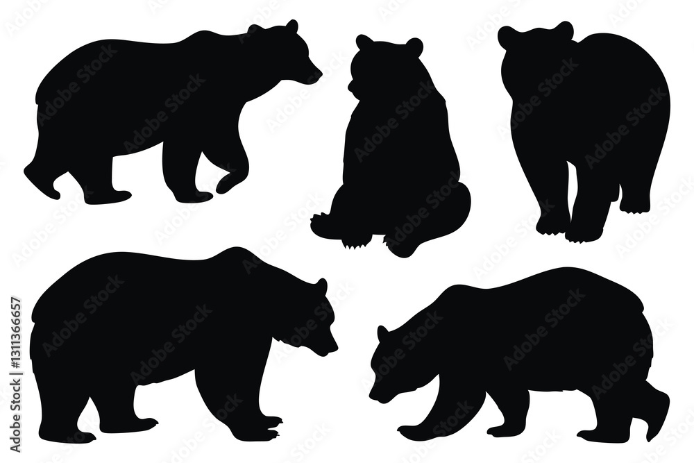 Fototapeta premium Various poses of bear, standing, walking, sitting, wildlife silhouettes set isolated flat vector illustration on white background.