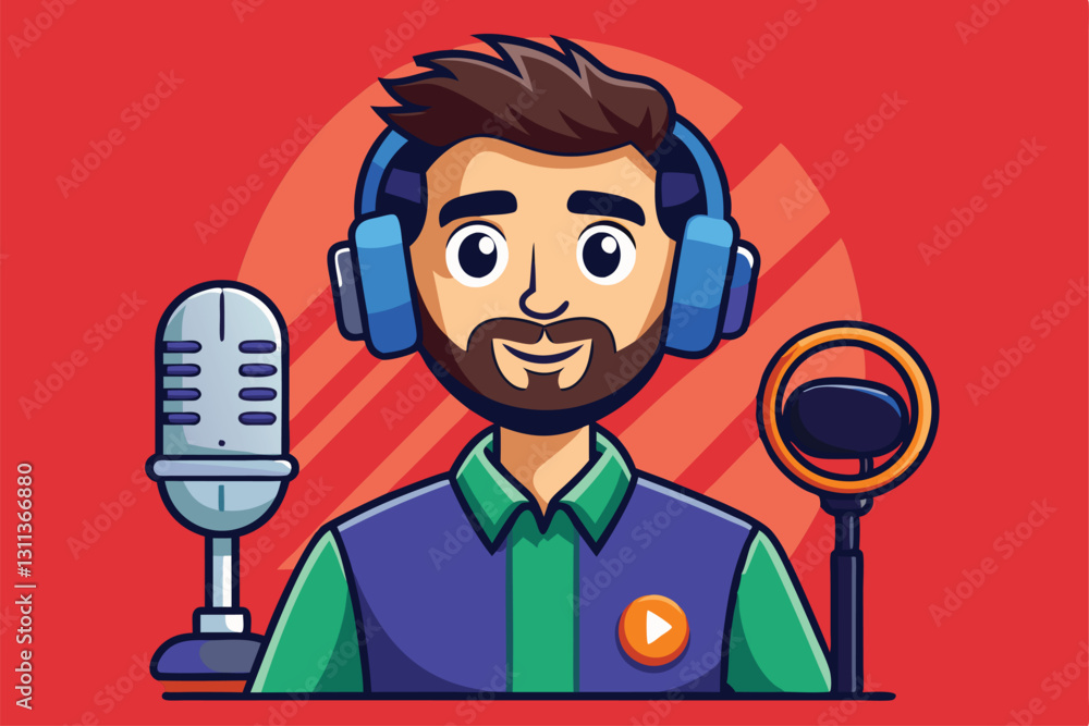 A cartoon character with headphones sits between two microphones, representing a lively podcast atmosphere, Podcast Customizable Cartoon Illustration A cartoon character with headphones sits between two microphones, representing a lively podcast atmosphere, Podcast Customizable Cartoon Illustration