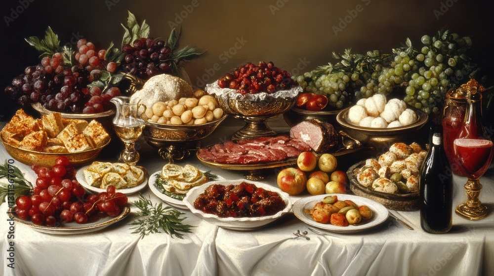 Abundant still life of food and wine on a table. Abundant still life of food and wine on a table.