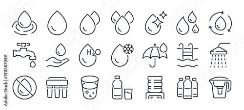 Water drop, filter, cooler, bottle editable stroke outline icons set isolated on white background flat vector illustration. Pixel perfect. 64 x 64.