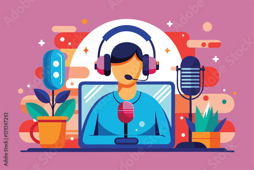 A podcast host interacts with listeners using a microphone and headphones in a colorful home setup, Podcast Customizable Flat Illustration