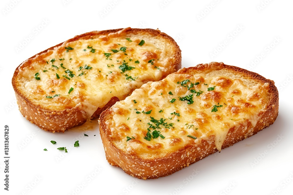 Two slices of golden-brown garlic bread are placed on a white surface Two slices of golden-brown garlic bread are placed on a white surface
