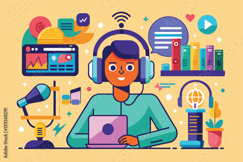 An enthusiastic host engages in podcasting while exploring digital media trends, surrounded by tools for production, Podcast projects trending