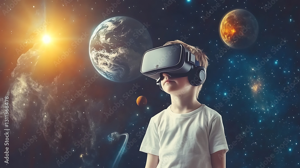 Fototapeta premium Boy in virtual reality helmet against the background of the planet. 