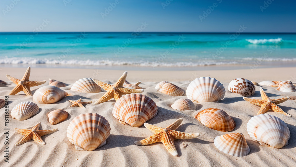 A collection of seashells and starfish by the ocean shore A collection of seashells and starfish by the ocean shore