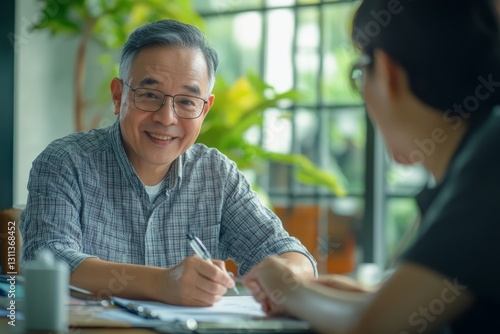 Smiling Senior Man Signing Document Business Meeting Office Workplace Desk Happy Table Mature Indoor