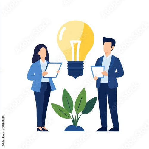 Two individuals holding a tablet with a light bulb symbolizing creative ideas in crowdfunding business projects