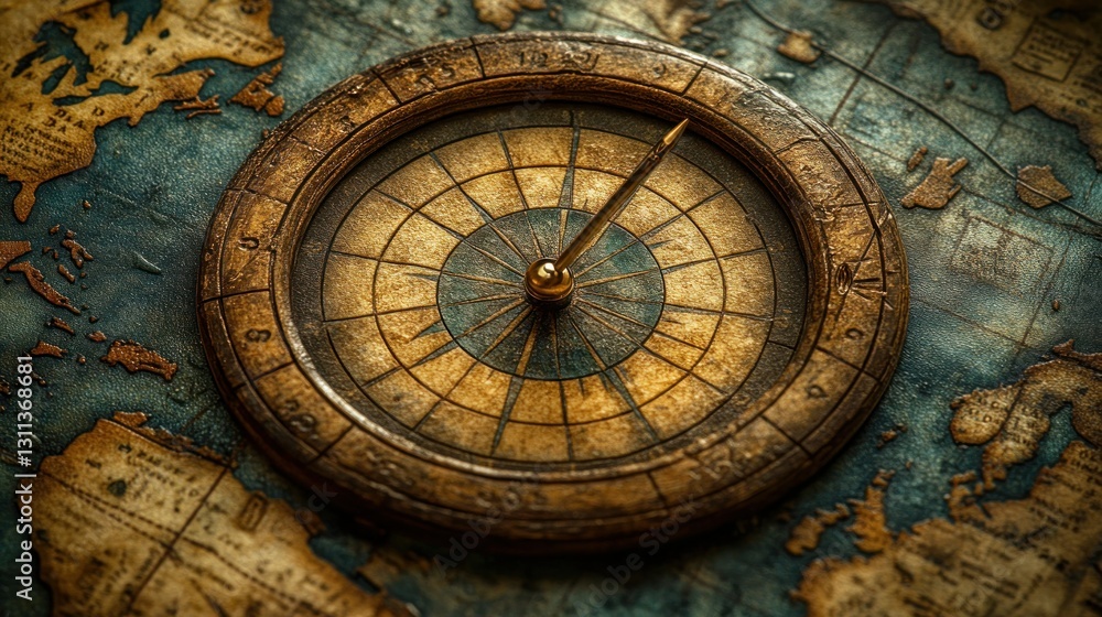 Obraz premium Antique compass on aged world map